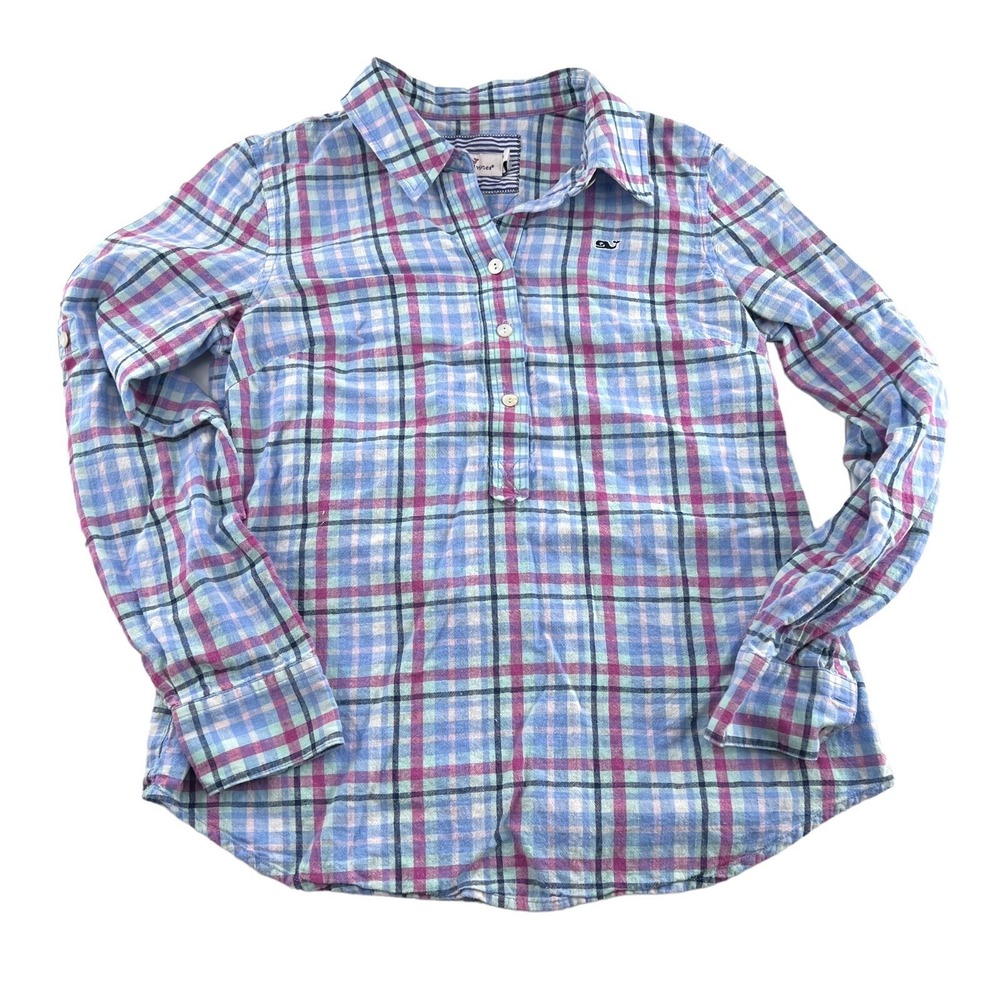 Vineyard Vines Women's size 4 Pullover Long Sleeve Blouse Plaid Linen Blend